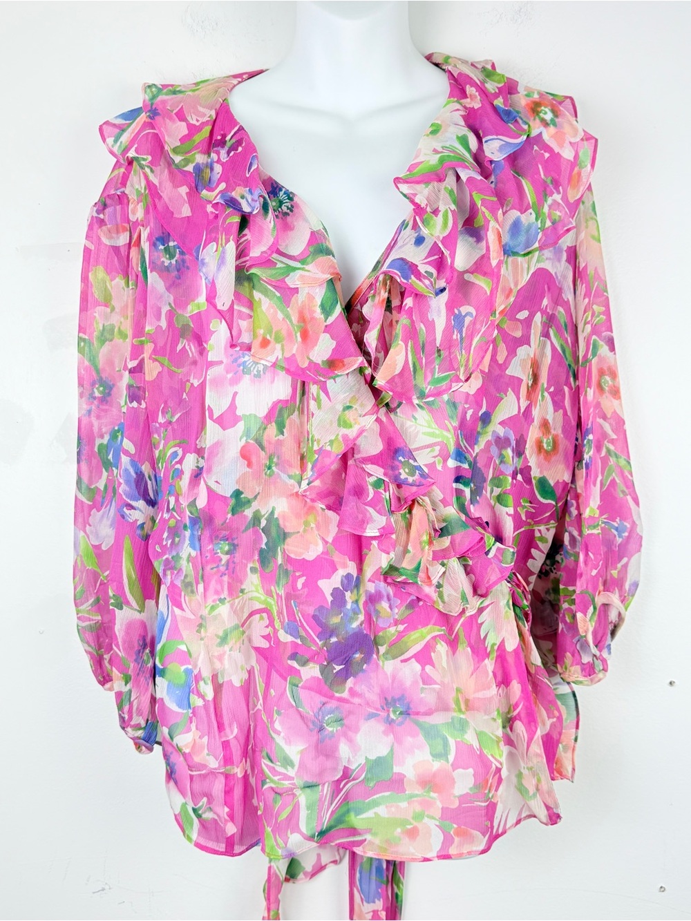 Lauren Ralph Lauren Pink Floral Silk Ruffle Wrap Blouse XL Romantic Cottagecore